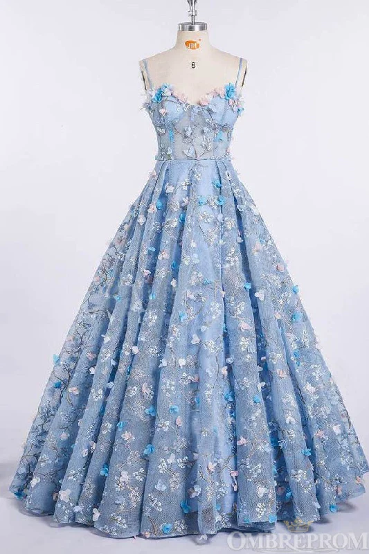 Blue A Line Spaghetti Straps Sweetheart Prom Dresses with Handmade Flower