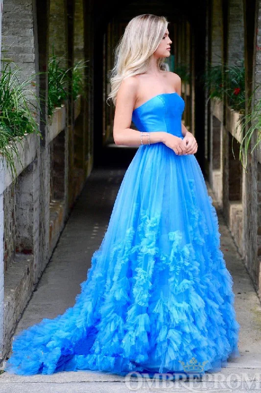 Delicate Strapless Blue Prom Dresses Low Back A Line Party Gown