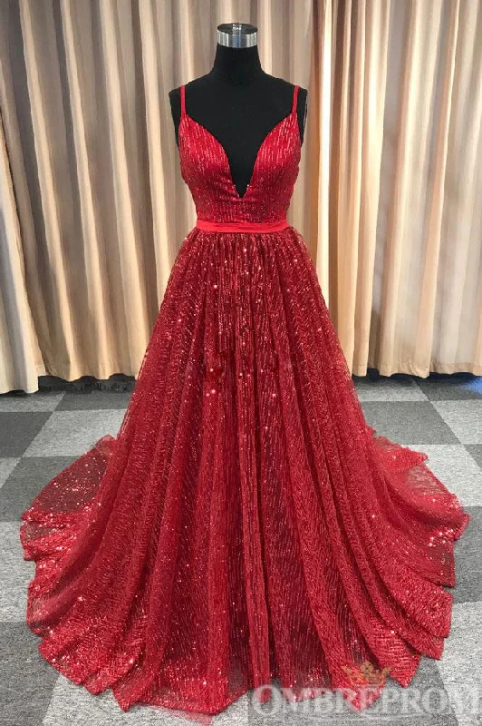 Stunning Spaghetti Straps Sleeveless V Neck A Line Prom Dresses