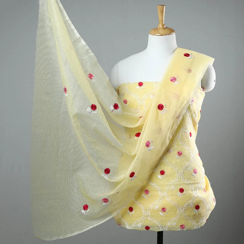 Yellow - 3pc Cotton Embroidered Kota Doria Dress Material 02