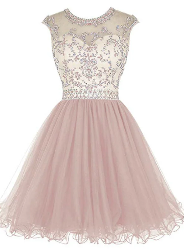 A-Line Pink Tulle Cap Sleeve Beading Sequins Homecoming Dress