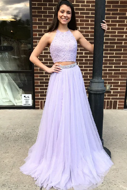 Chic Two Piece Low Back Halter Tulle Long Prom Dresses
