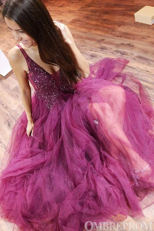 Charming Deep V Neck Sleeveless Tulle Prom Dresses with Beading