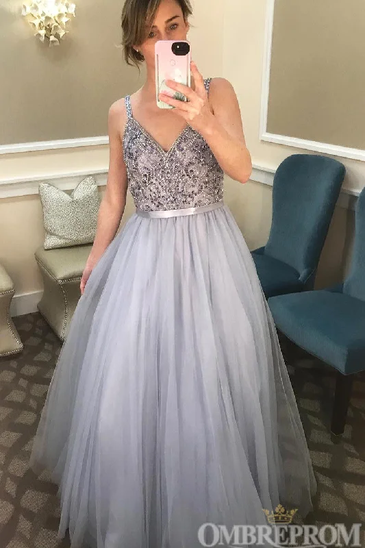 Gorgeous Spaghetti Straps V Neck Tulle A Line Prom Dresses with Beading