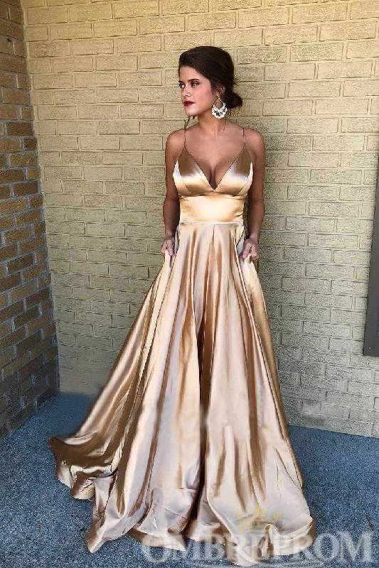 Simple Spaghetti Straps Satin V Neck Prom Dresses
