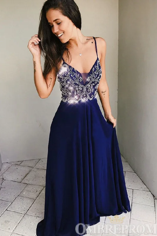 Sparkly Spaghetti Straps V Neck Prom Dresses with Beading
