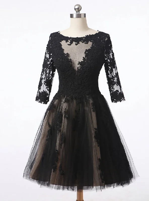 Black Scoop Neck Homecoming Dress Half Sleeves Knee Length
