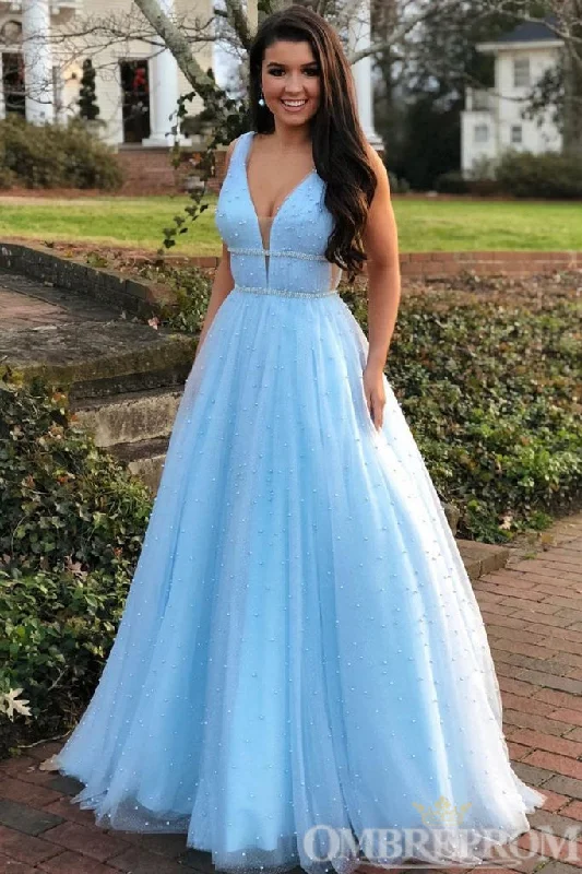 Blue V Neck A Line Sleeveless Prom Dresses