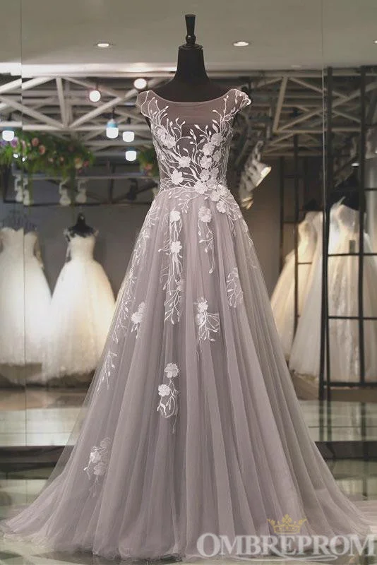 Round Neck Backless A Line Prom Dresses with Appliques
