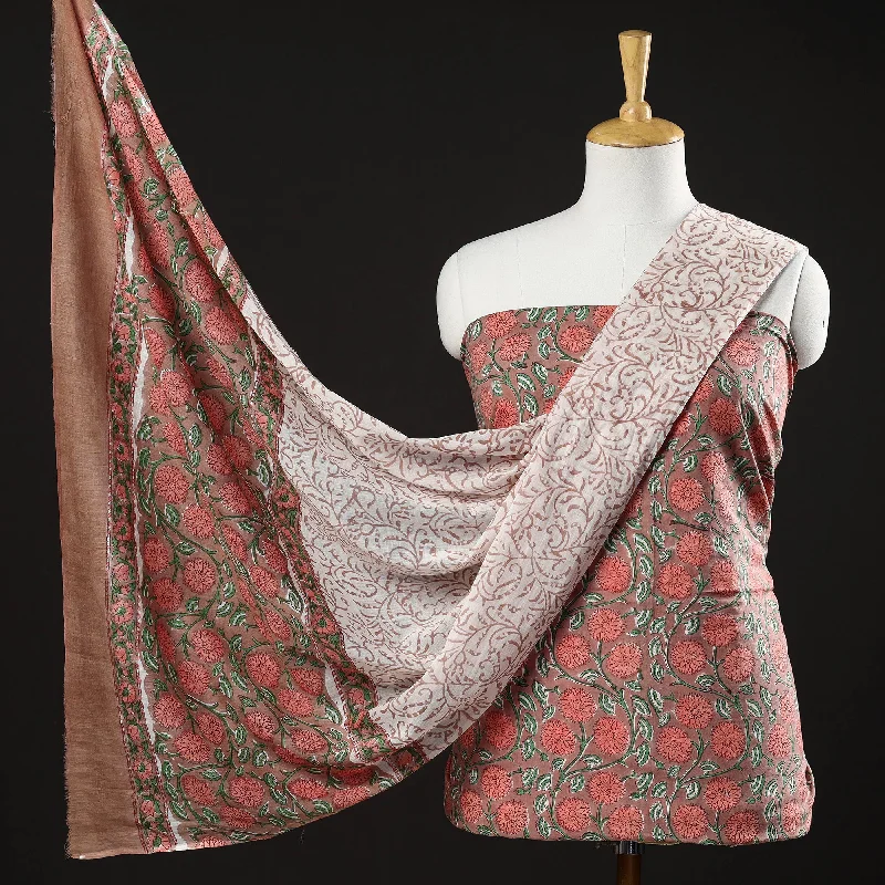Brown - 3pc Cotton Sanganeri Block Print Dress Material