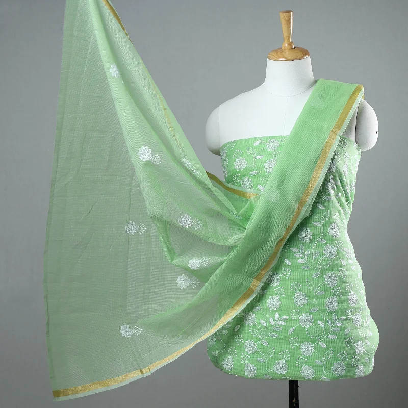 Green - 3pc Cotton Embroidered Kota Doria Dress Material 09