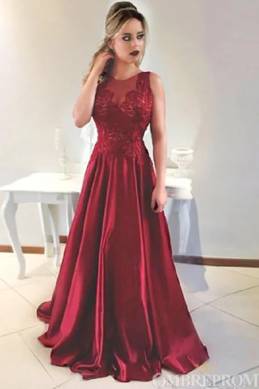 Chic Round Neck Sleeveless Satin A Line Prom Dresses with Appliques