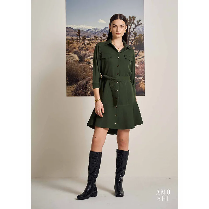 AMOSHI Olive Solid/Plain Sadie Dress with Belt (Set of 2)