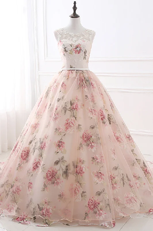 Charming Tulle Round Neck Lace Up Back Ball Gown Long Prom Dresses
