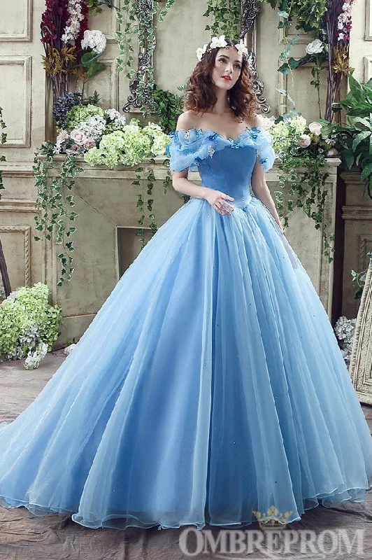 Blue Prom Dresses Off Shoulder Sweetheart Ball Gown with Appliques