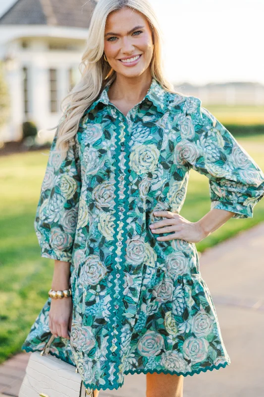 Happy To Be Here Teal Green Floral Dress