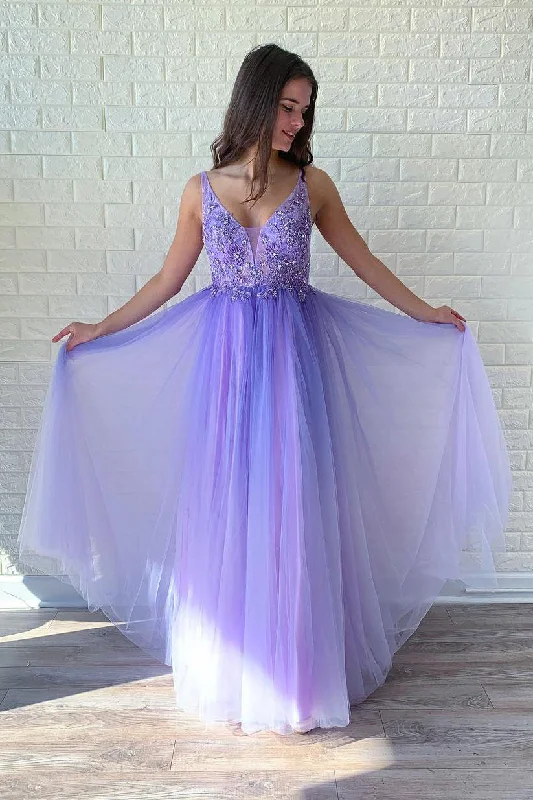 Elegant V Neck Backless A Line Prom Dresses with Beaded