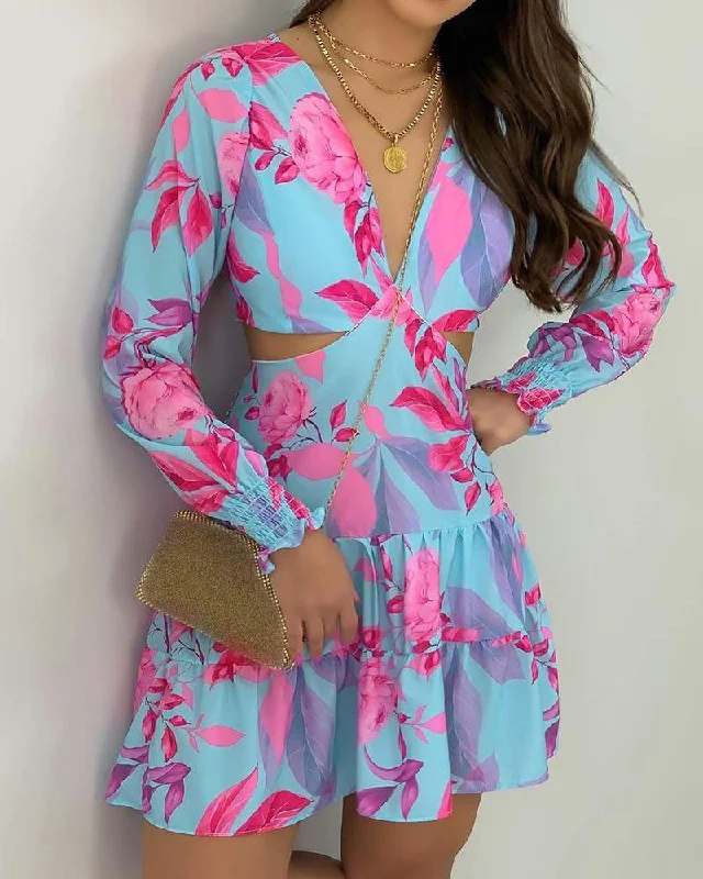 Cutout Frill Hem Ruched Tropical Print Dress