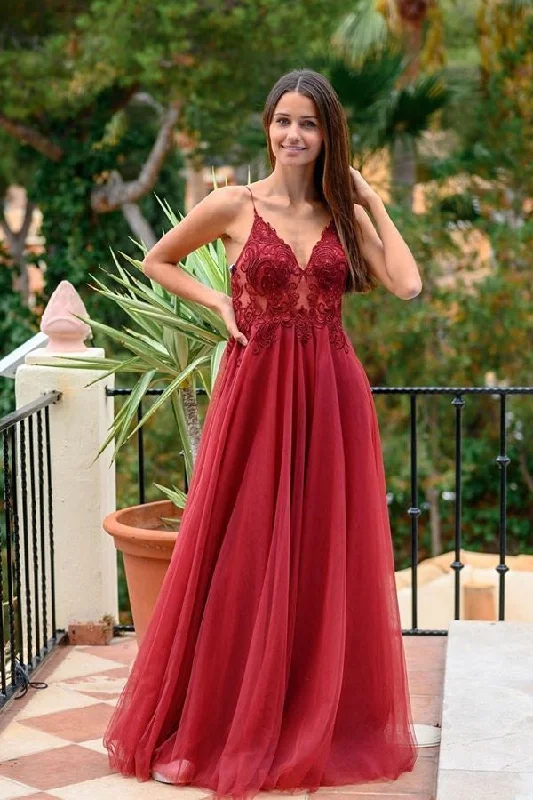 Beautiful Spaghetti Straps Long Burgundy Lace Tullle Flowy Prom Dresses