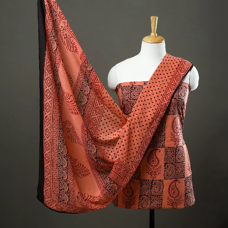 Orange - 3pc Natural Dyed Cotton Bagh Print Dress Material 08