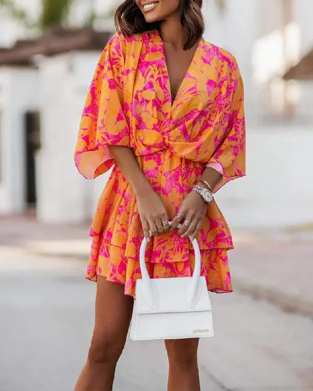 PLANTS PRINT TWIST DESIGN CASUAL DRESS