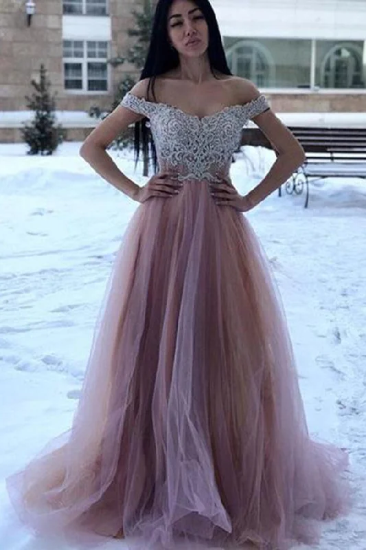 Off Shoulder Tulle Sweetheart A Line Long Prom Dresses