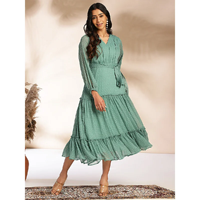 Janasya Womens Sage Dobby Chiffon Solid Tiered Dress (Set of 2)