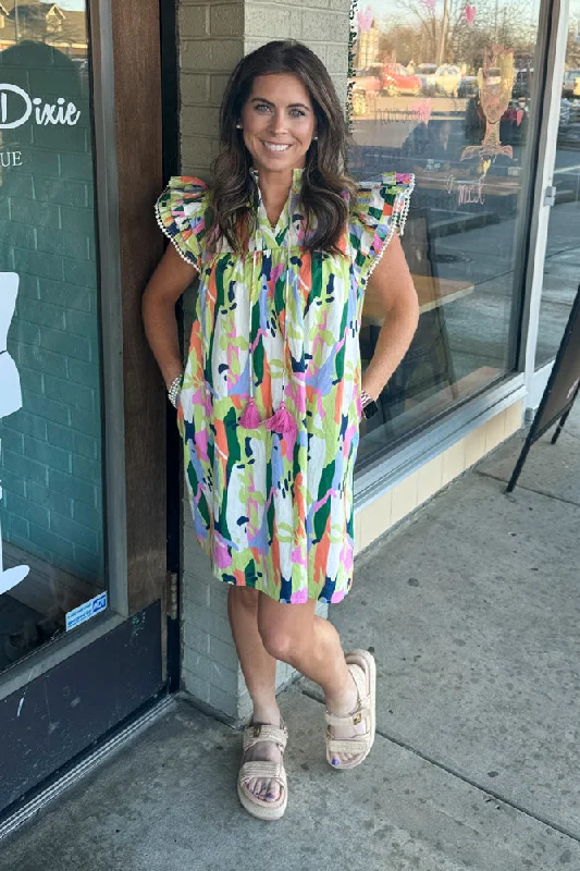 THML- Flutter Sleeve Multi Color Dress-Lime