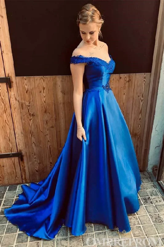 Gorgeous Off Shoulder Sweetheart A Line Satin Lace Sweep Train Prom Dresses