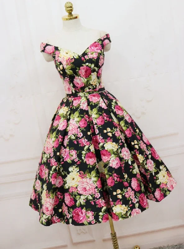 Vintage Black Satin Print Off the Shoulder Homecoming Dress