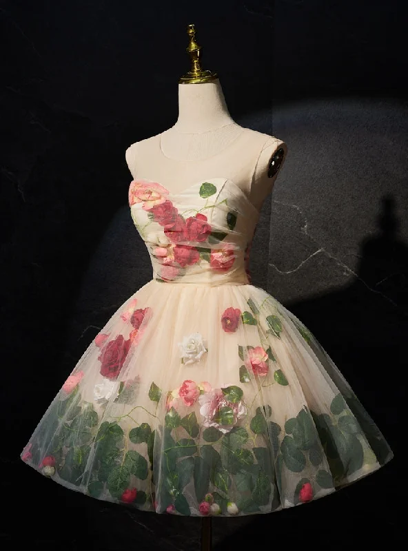 Champagne Tulle Flower Leaf Homecoming Dress