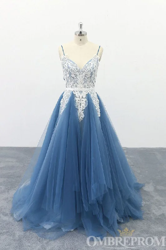 Blue Spaghetti Straps V Neck A Line Prom Dresses