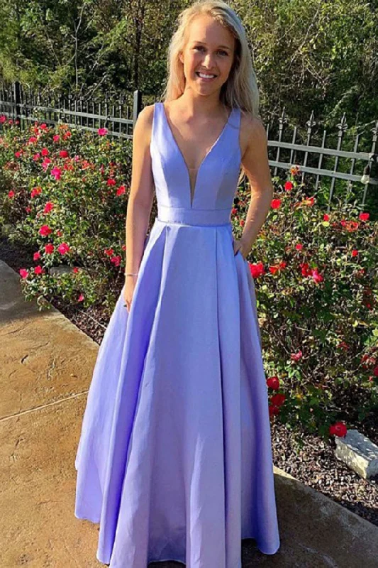 Simple A Line V Neck Satin Sleeveless Long Prom Dresses