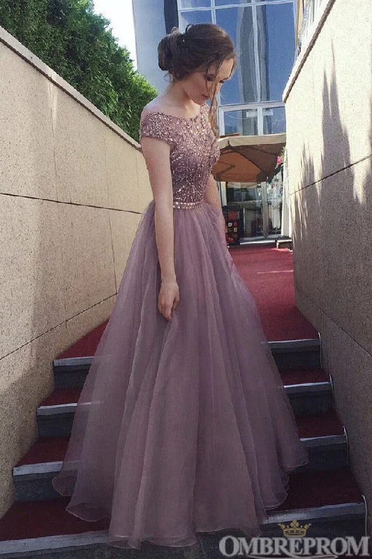 Stunning Round Neck V Back A Line Tulle Prom Dresses with Beading