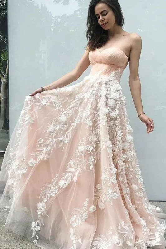 Sweetheart Sleeveless A Line Prom Dresses with Appliques