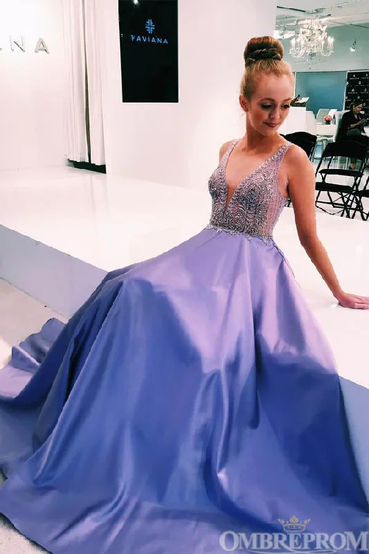 Elegant A Line Satin Sleeveless V Neck Prom Dresses with Beading