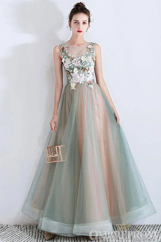 Round Neck Sleeveless A Line Prom Dresses with Appliques