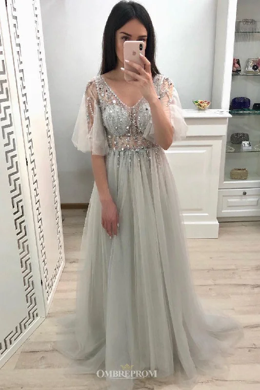 Charming Tulle V Neck Sleeveless A Line Prom Dresses with Beading