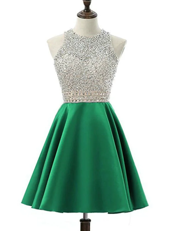 A-Line Green Satin Backless Beading Sequins Homecoming Dress