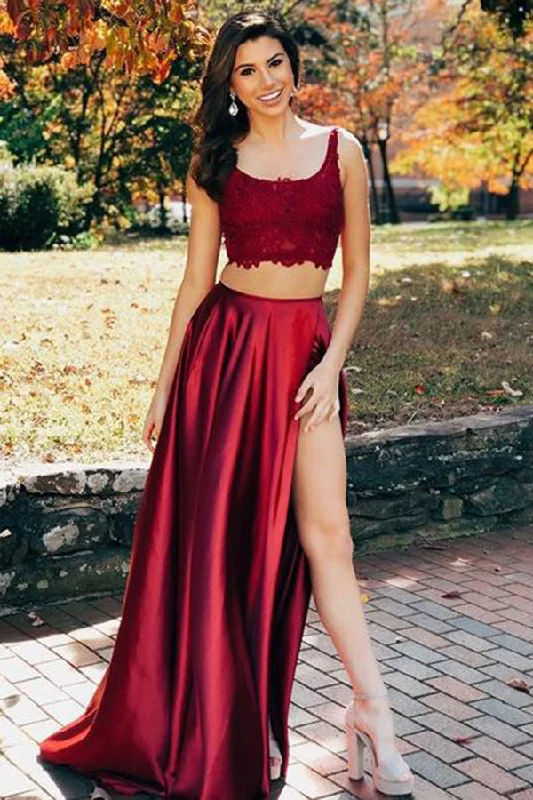Chic Two Piece Sleeveless Satin Floor Length Prom Dresses with Split Side
