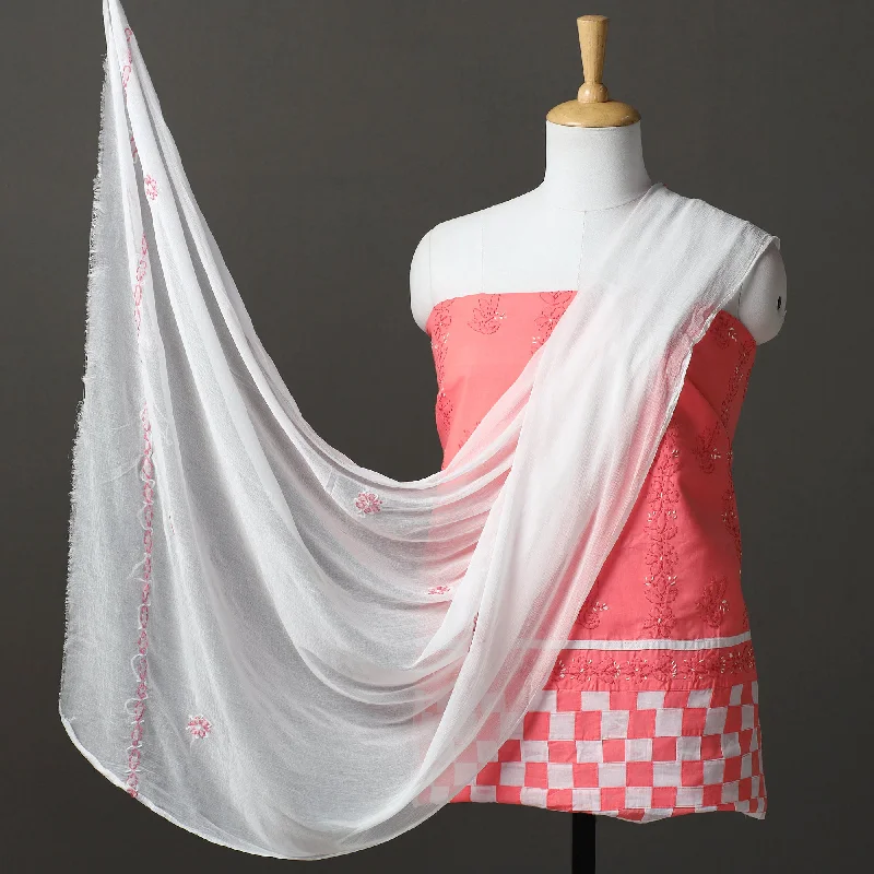 Pink - 3pc Hand Embroidery Cotton Chikankari Dress Material 04