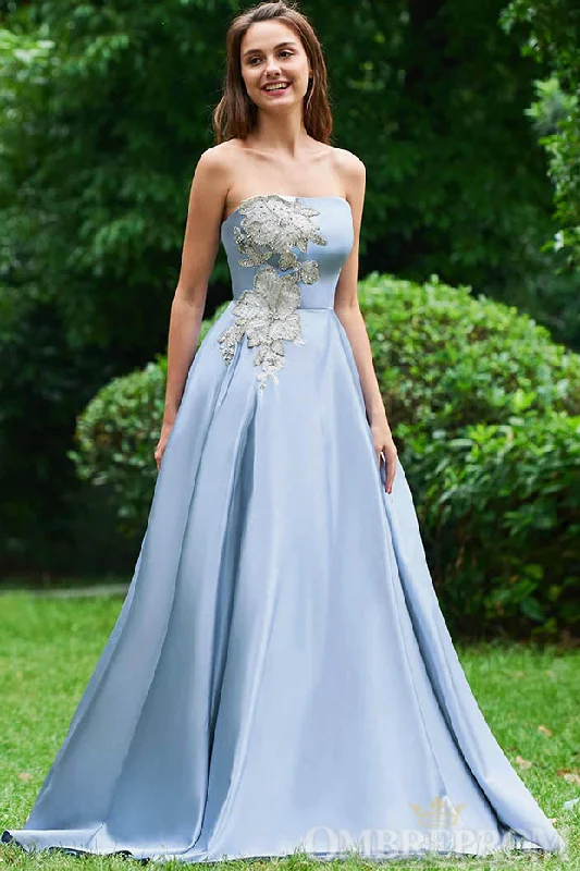 Light Blue Satin Appliques Strapless Low Back Prom Dresses