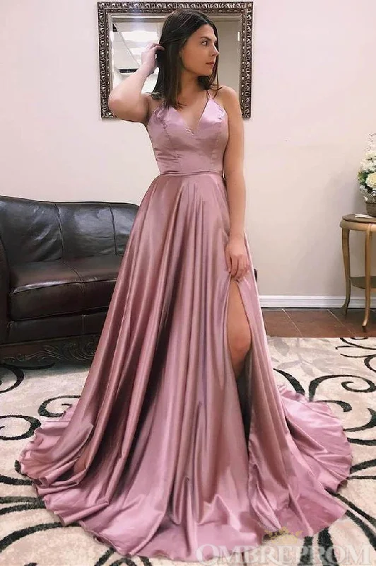 Spaghetti Straps V Neck A Line Satin Prom Dresses with Split Side
