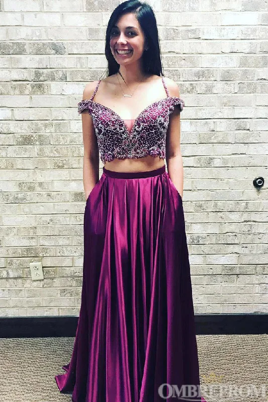 Two Piece Prom Dresses Spaghetti Straps Off Shoulder Event Dres with Beading