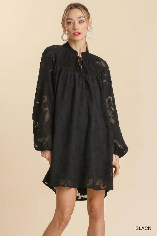 Blue Zone Planet |  Raglan Smocked Tie Neck Yoke Dress