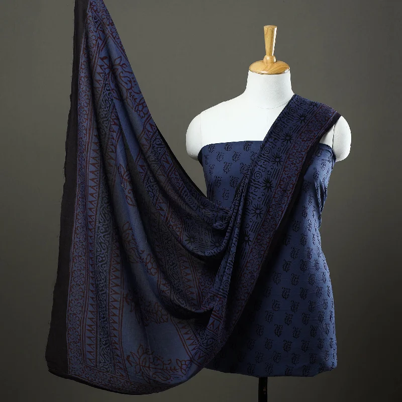 Blue - 3pc Natural Dyed Cotton Bagh Print Dress Material 05
