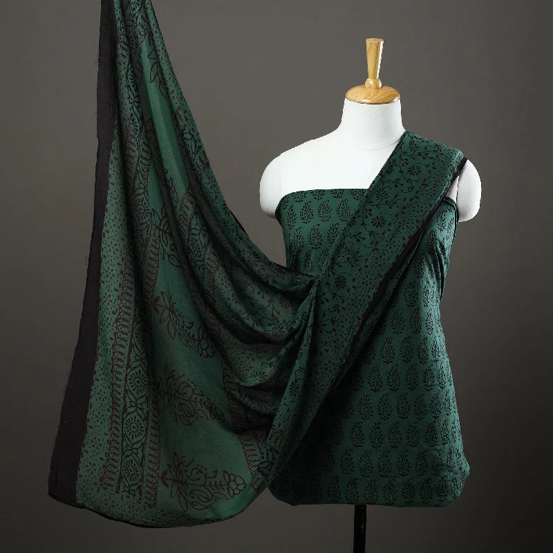 Green - 3pc Natural Dyed Cotton Bagh Print Dress Material 07
