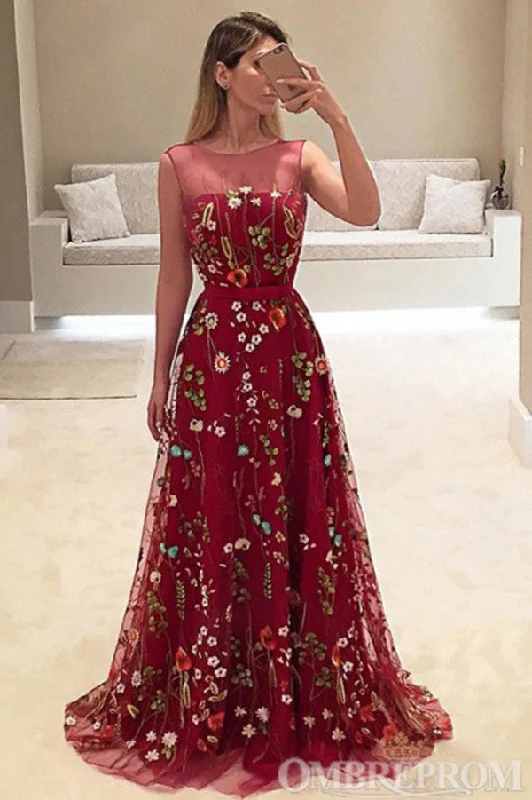 Burgundy Round Neck Sleeveless Prom Dresses with Appliques