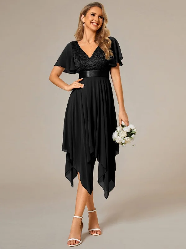 White Lace V-Neck Chiffon Asymmetrical Dress