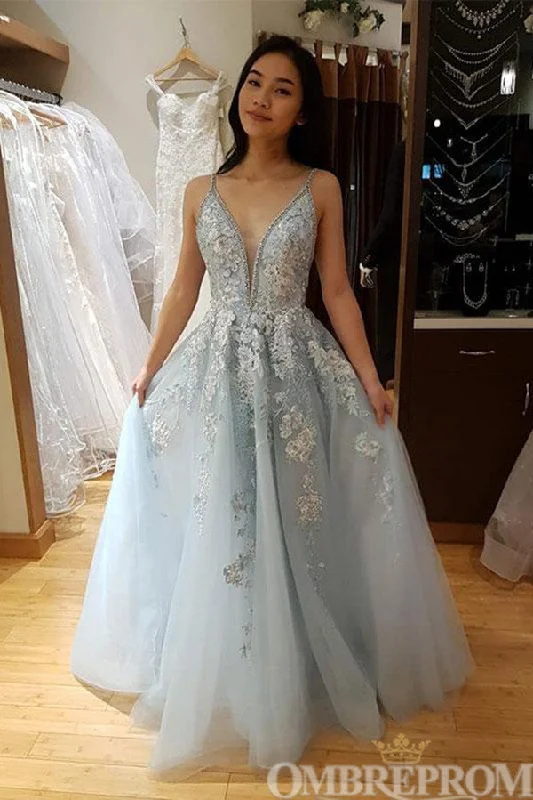 Light Blue Spaghetti Straps Backless Prom Dresses with Beading